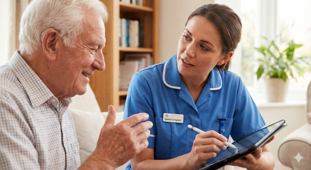 Caregiver providing in-home support and companionship to a senior client